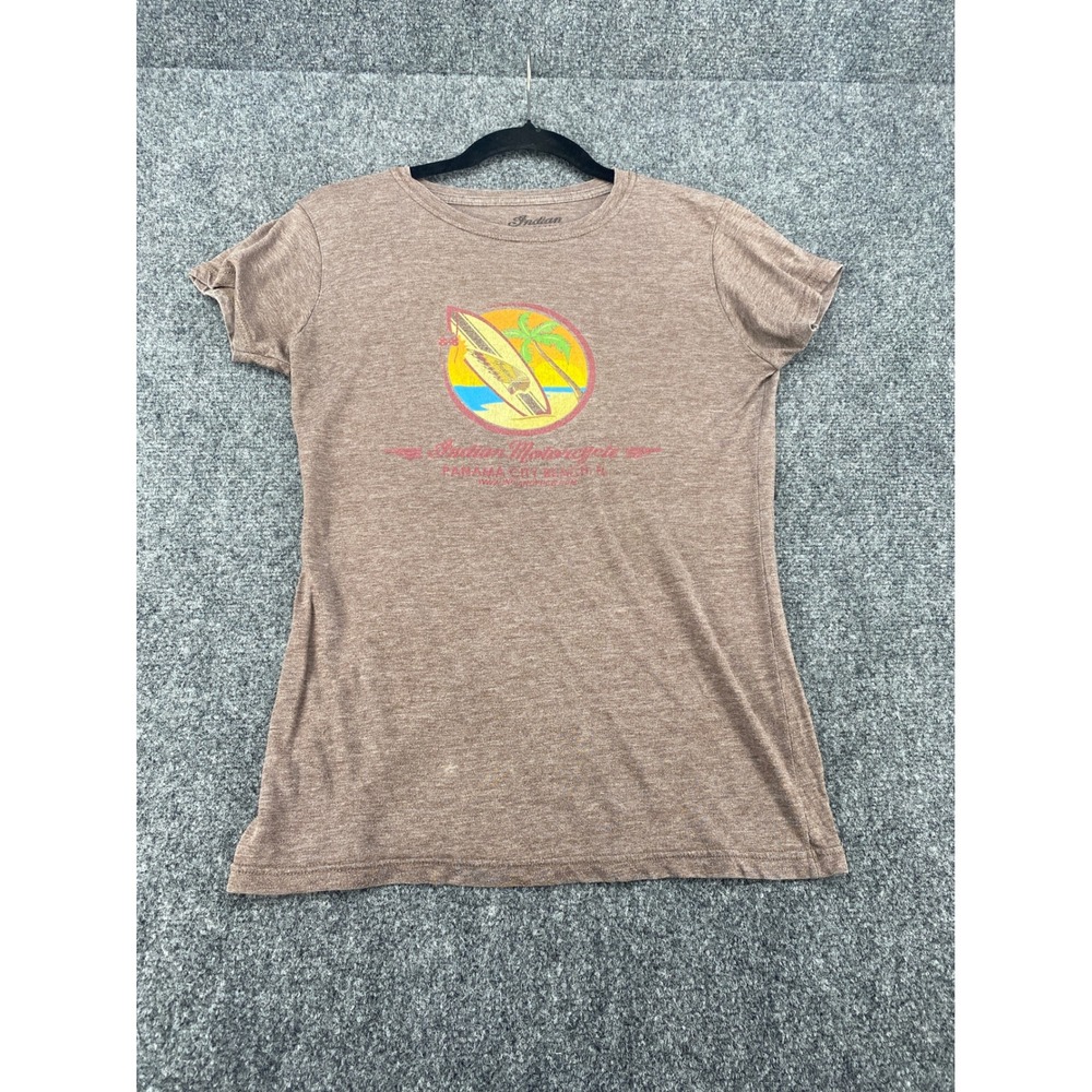 Indian Motorcycle Panama City Beach T-Shirt Womens Medium Brown Surf Graphic Tee